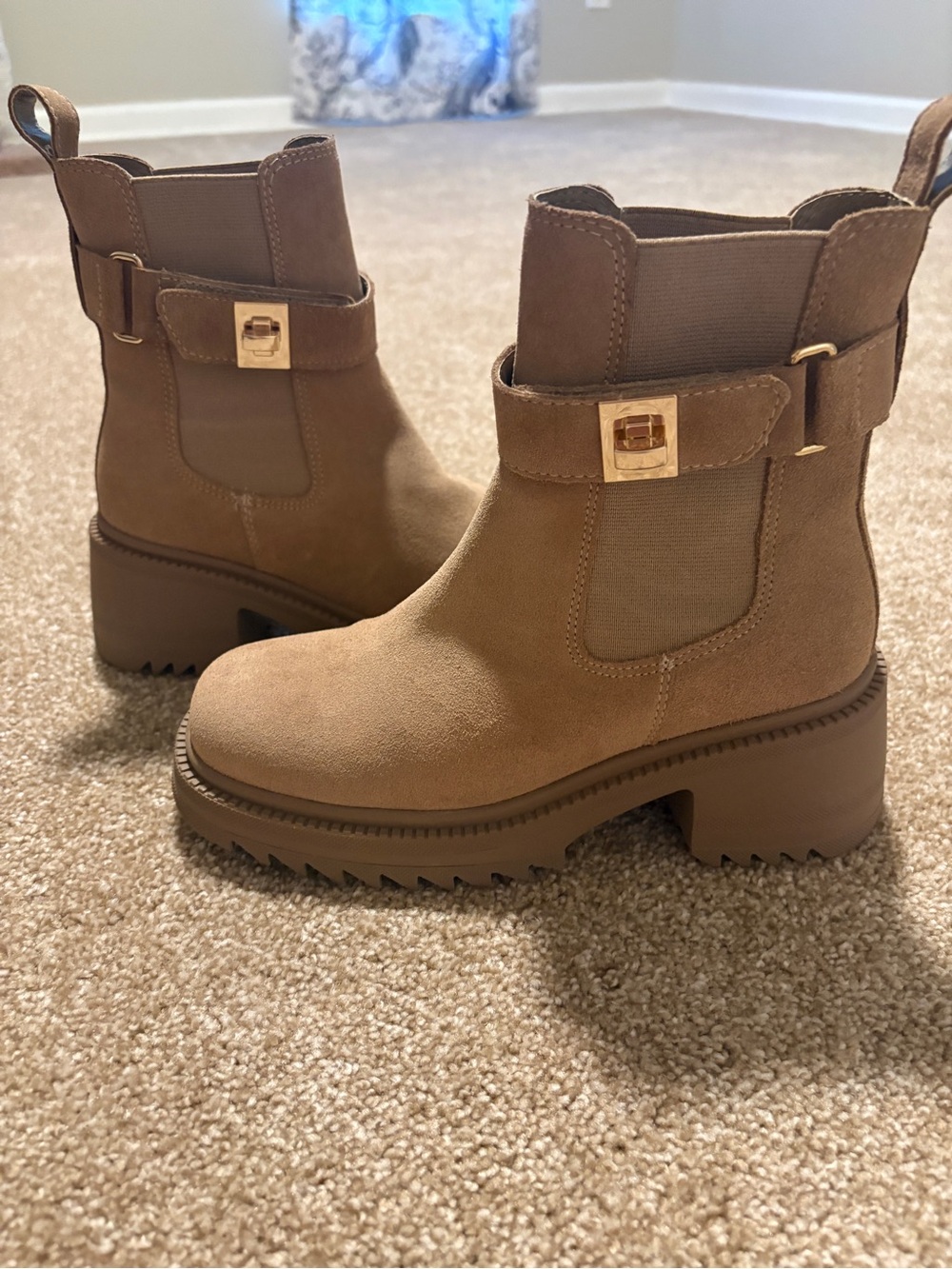 Steve Madden Taupe Suede Lug Chelsea Boots with Strap